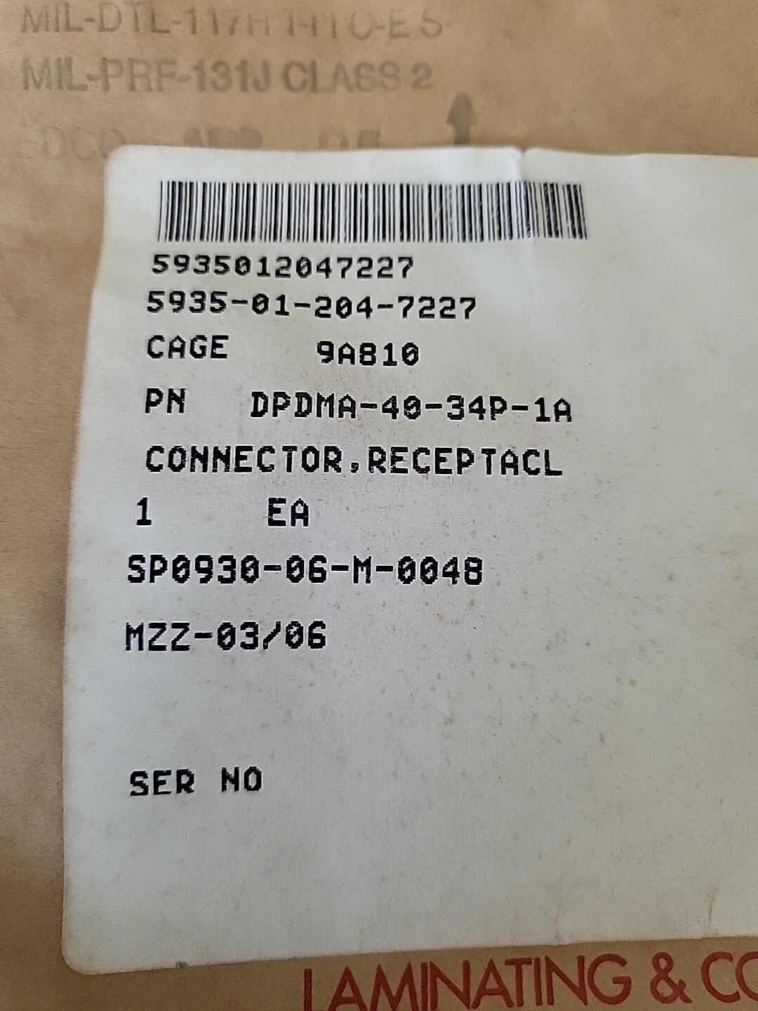 Cannon Connector DPDMA-40-34P-1A, NSN 5935-01-204-7227, NOS.