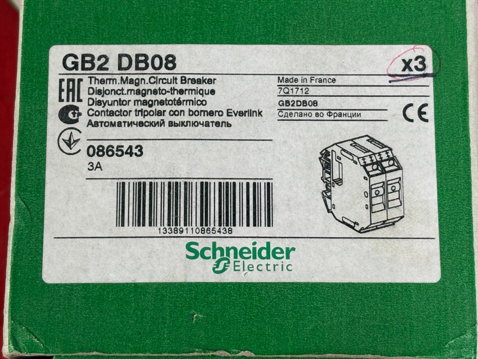 3-PACK SCHNEIDER ELECTRIC GB2DB08 THERMO MAGNETIC CIRCUIT BREAKER 3 AMP 2 POLE