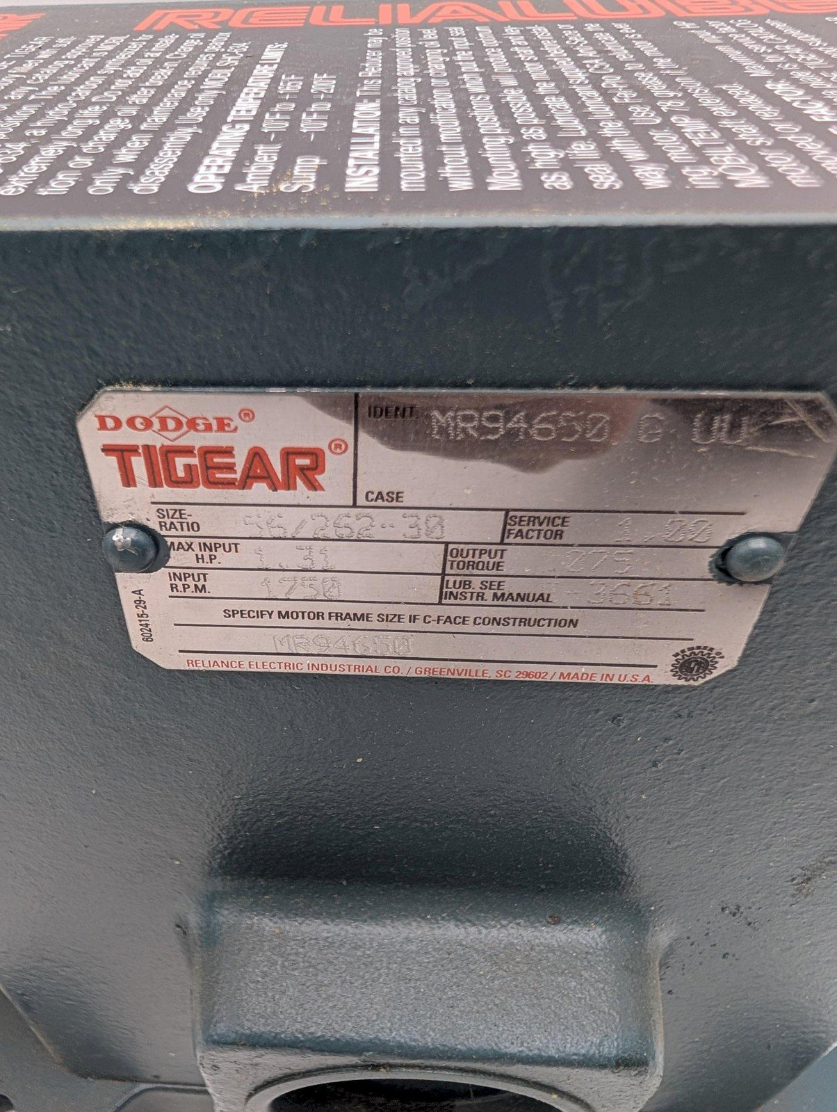 Dodge Tigear Gear Reducer MR94650 30:1 Ratio 1.31 HP Input 1,075 in-lb Torque