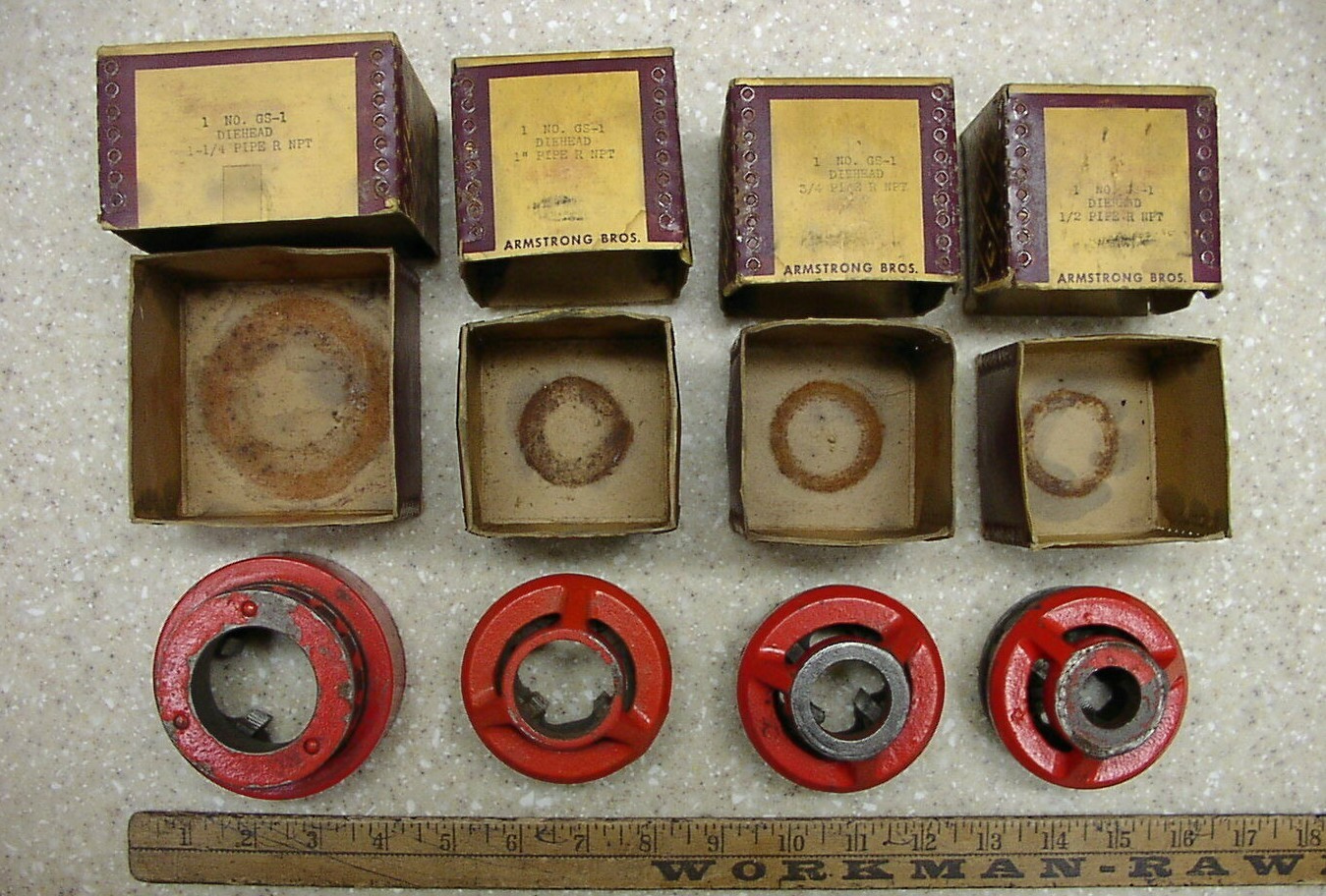 Vntg Ratcheting Die Stock Head,W/1-1/4″,1″,3/4″,& 1/2″ Armstrong Dies/Orig Boxes