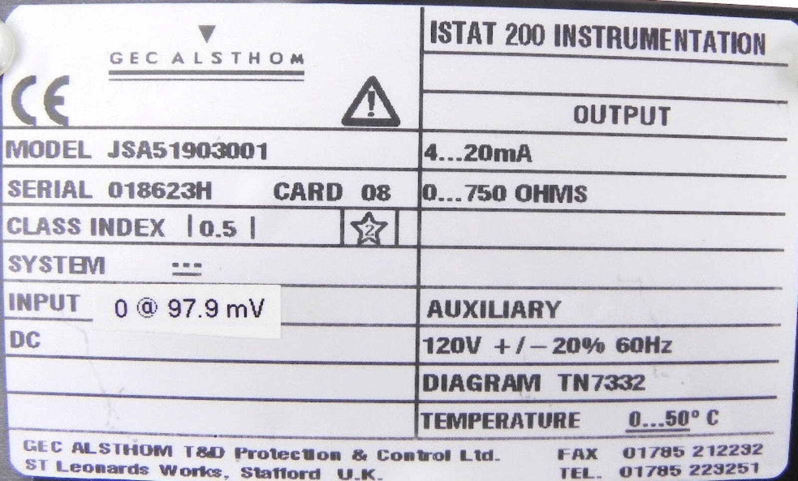 Gec Alsthom Istat 200 DC Voltage Card Used JSA51903001