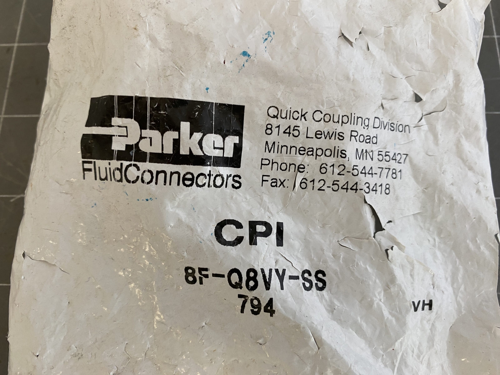 Parker Quick Disconnect Tube Fitting PN: 8F-Q8VY-SS