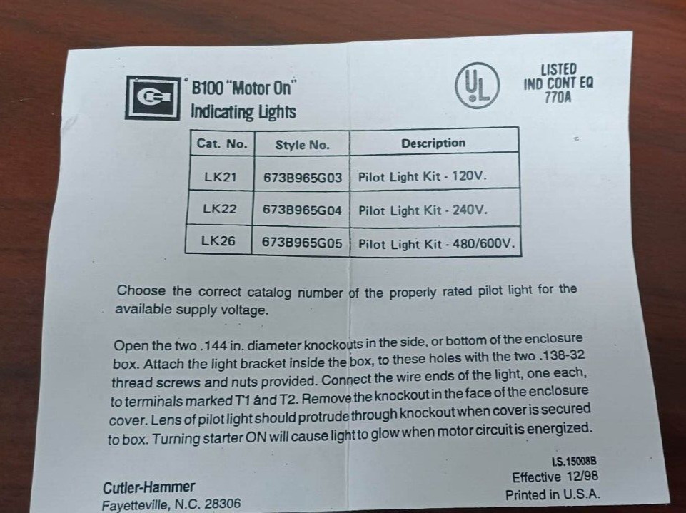 Cutler Hammer LK-21 673B965G03 Red Pilot Light Kit 120 Volt NEW IN BOX