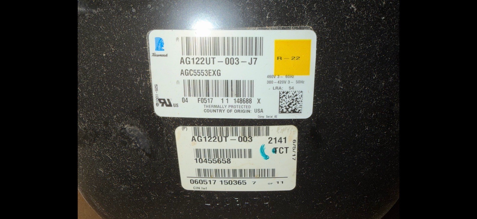 TECUMSEH AGC5553EXG AG122UT – 003- J7 HERMETIC COMPRESSOR