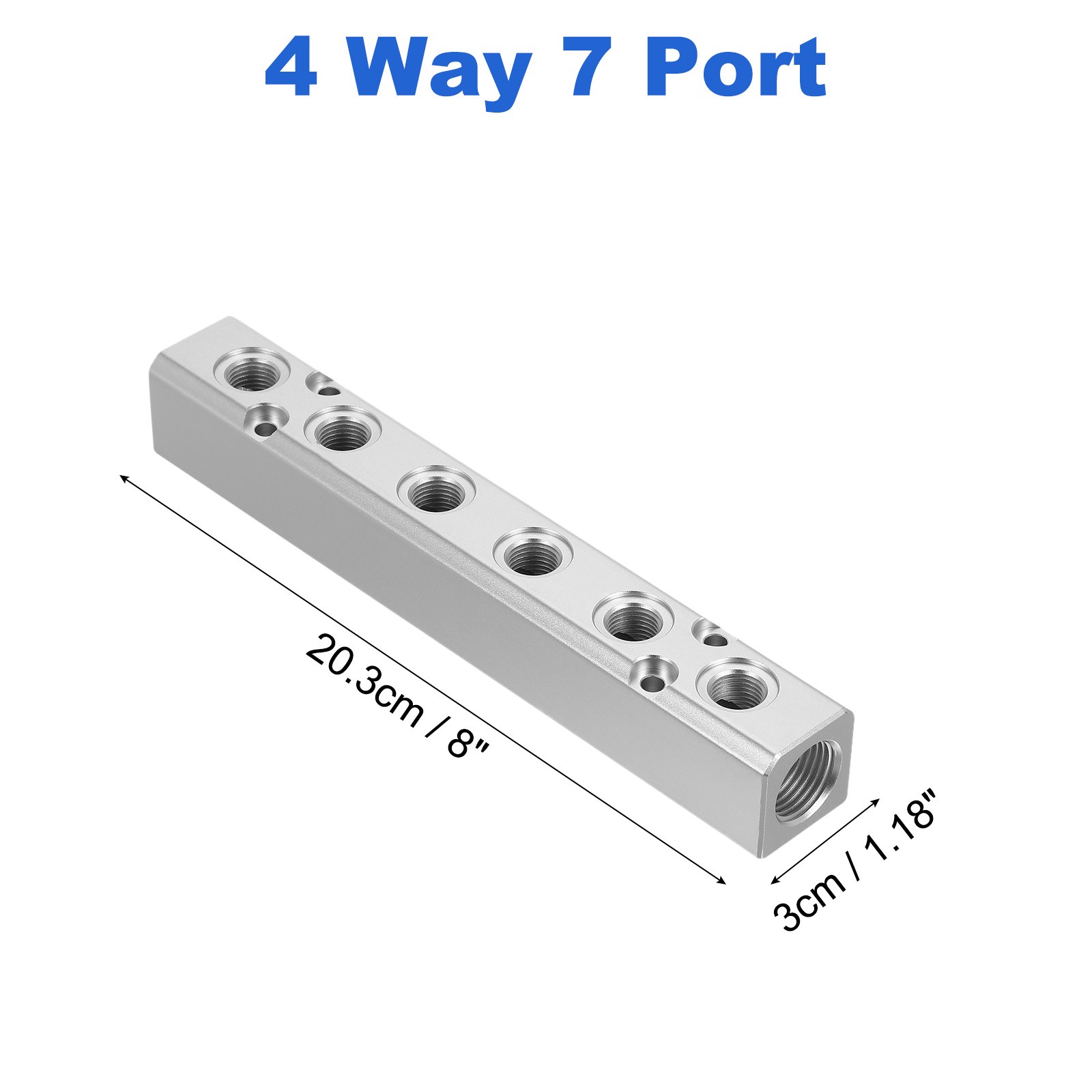 6 Way 8 Port 1/4″ Output Port 1/2″ Supply Port Air Hose Inline Manifold, Silver
