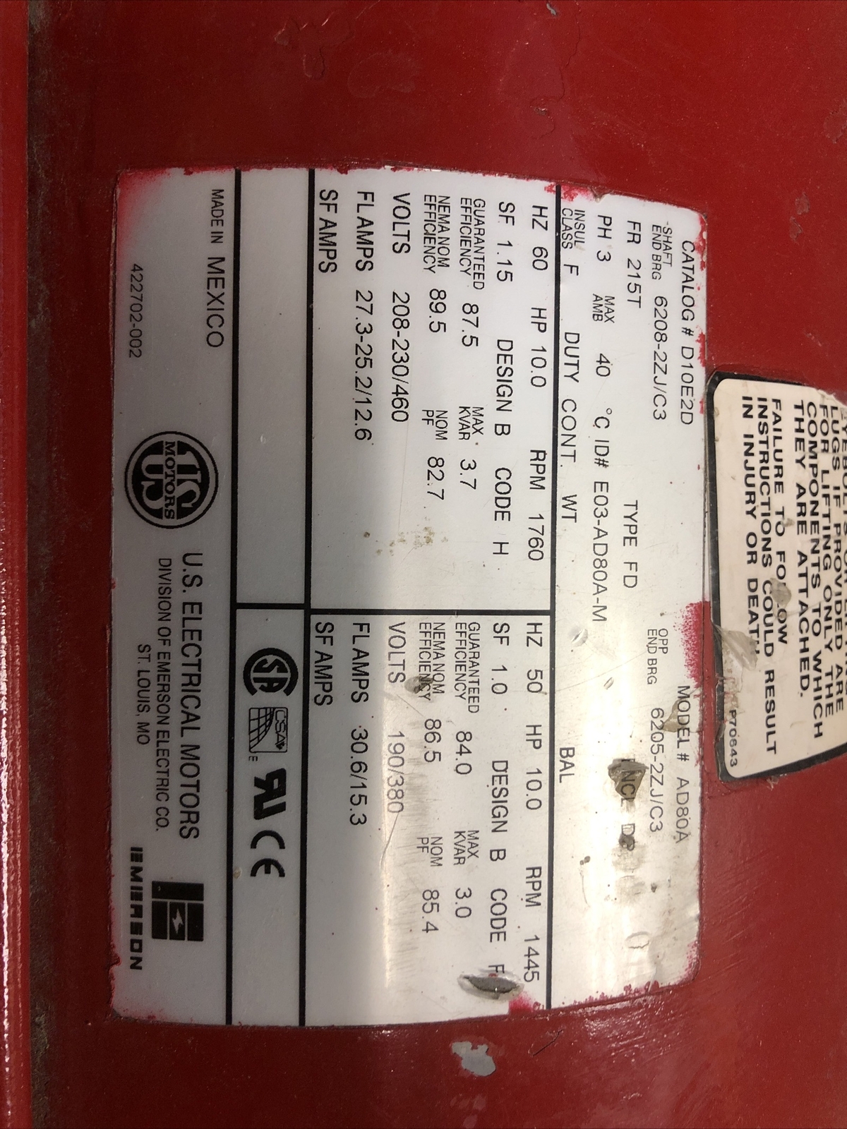 EMERSON/US MOTORS D10E2D ELECTRIC MOTOR 10 HP 1760/1445 RPM 3 PH 230/460 Respool