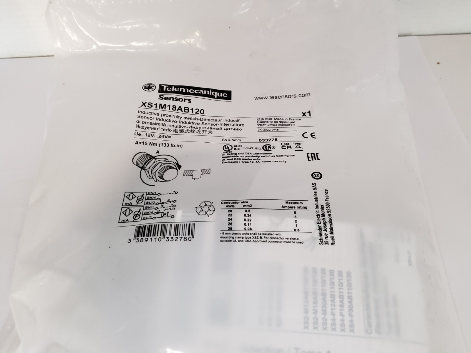TELEMECANIQUE XS1M18AB120 INDUCTIVE PROXIMITY SENSOR 12-24VAC 1NC NIB