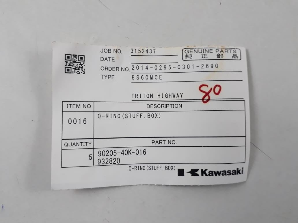 O-Ring P/N 90205-40K-016 932820 For Kawasaki 8S60MCE Genuine Parts (PACK 4)