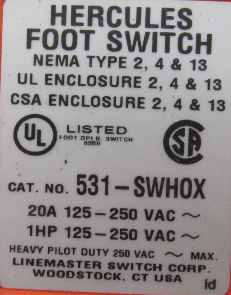 NEW LINEMASTER 531-SWH0X FOOT SWITCH 531SWH0X