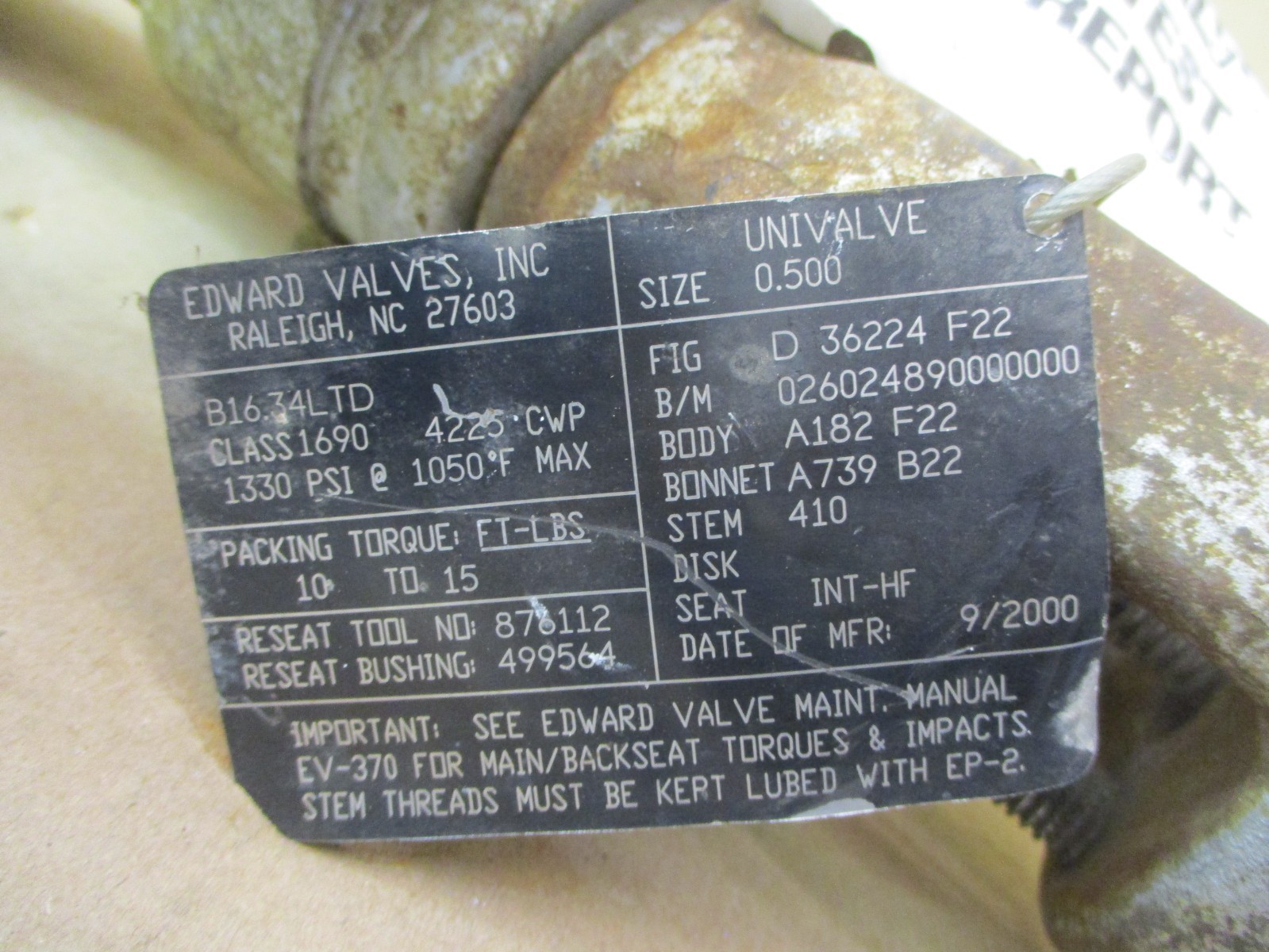 Edward Valve 0.500 Univalve B16.34 LTD FIG D 36224 F22 A182 F22 53462AES