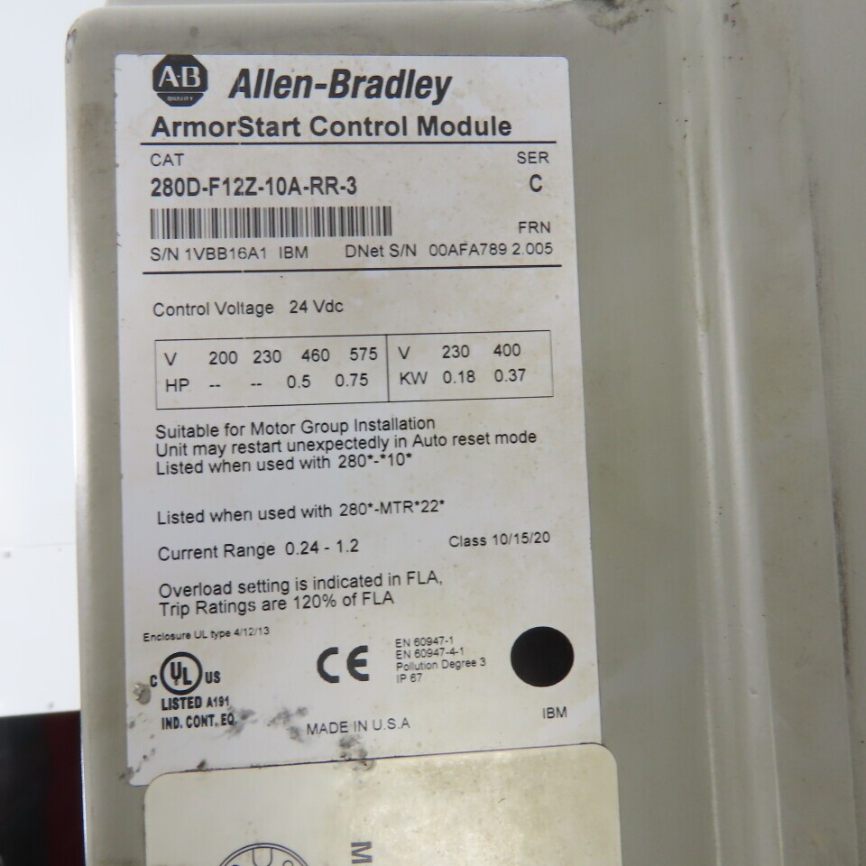 Allen Bradley 280D-F12Z-10A-RR-3 280D-FN-10-R ArmorStart Base & Control 0.75HP