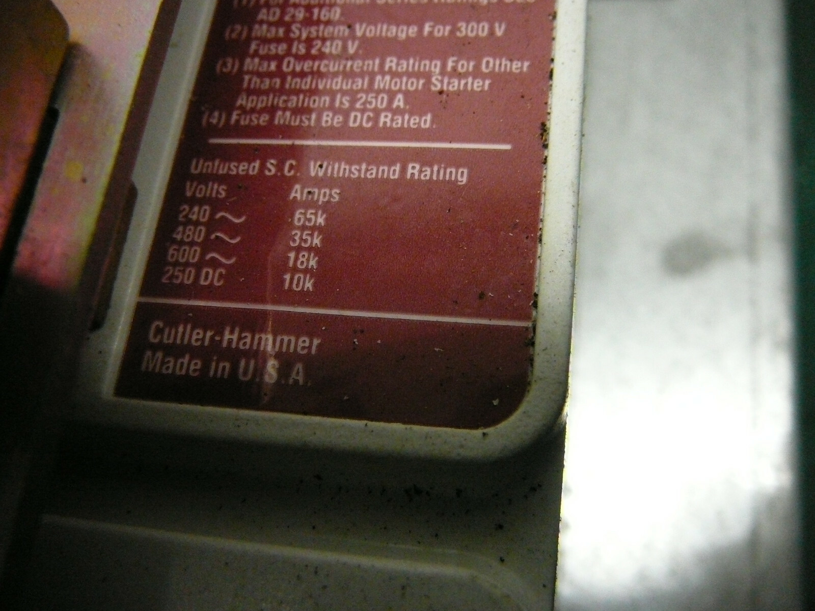 CUTLER HAMMER WESTINGHOUSE SERIES C JD-K MOLDED CASE SWITCH 6631C90G23 250VDC 3P