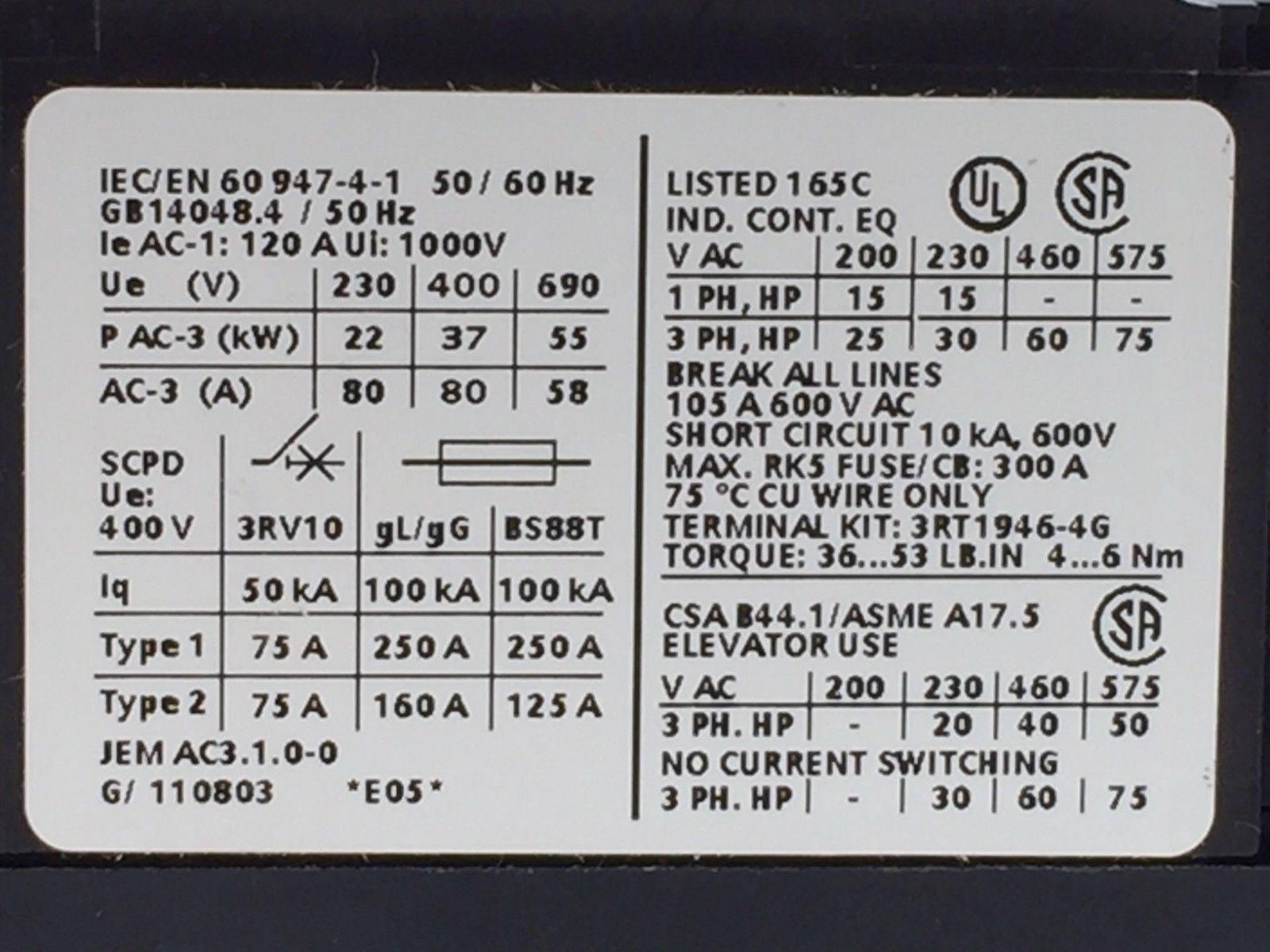 Siemens Sirius 3RT1045-1AF00 Contactor 3 Pole 80A 80 amp 110V AC-3 37kW 400V