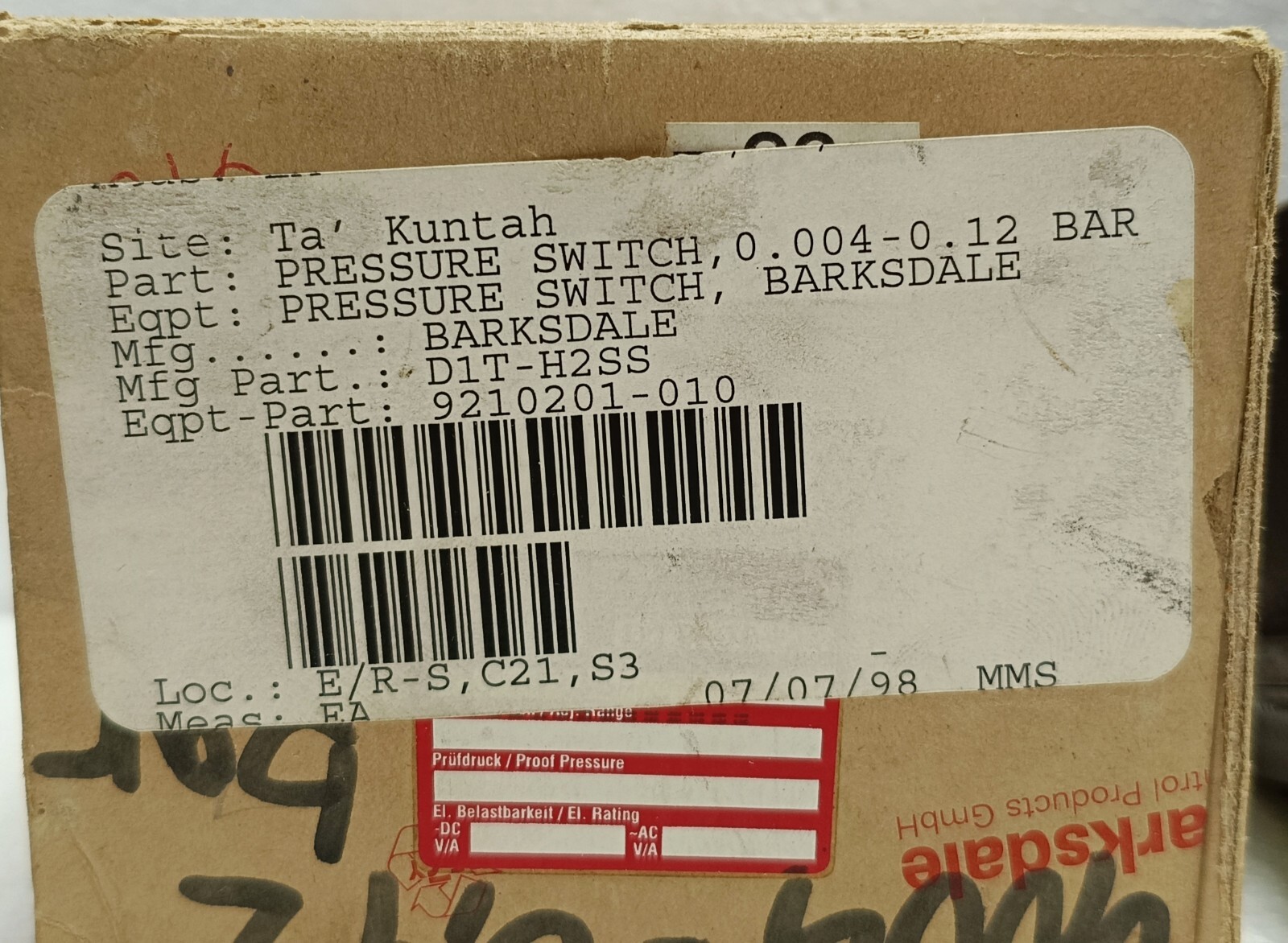Barksdale D1T-0042 Typ D1T-H2SS Press. Switch | Adj. Range +0.004 to +0.12 bar