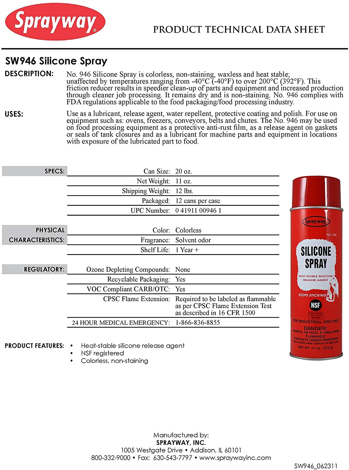 Sprayway Silicone Spray Brand New #SW 946 11oz