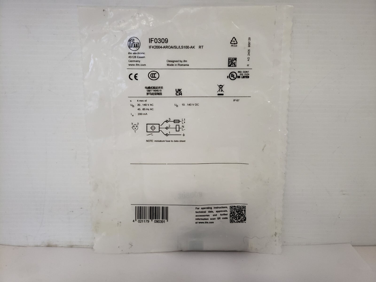 IFM ELECTRONIC IFK2004-AROA/SL/LS100-AK RT PROXIMITY SENSOR (IF0309) NIB