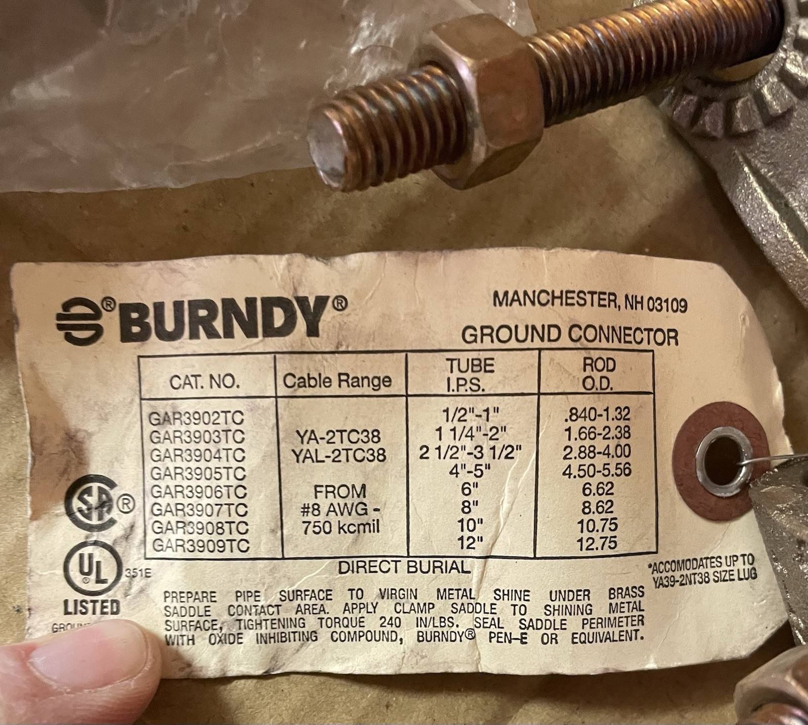 Lot of 3 Burndy GAR3903TC 1-1/4″-2″ Ground Connector Cast High Copper Alloy 4.75
