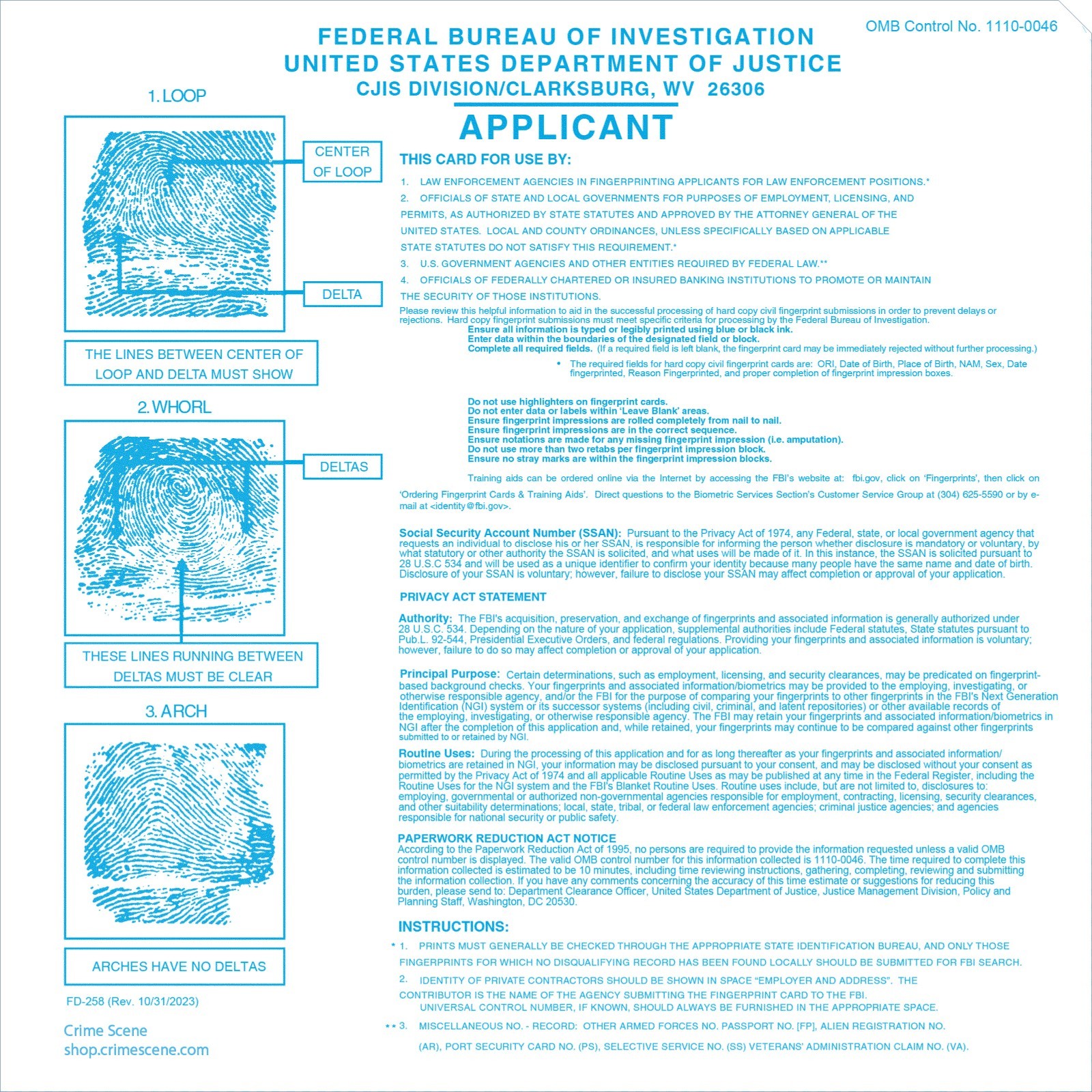 FD-258 Fingerprint Cards, Applicant – 50 Pack NEWEST REVISION 11-1-20