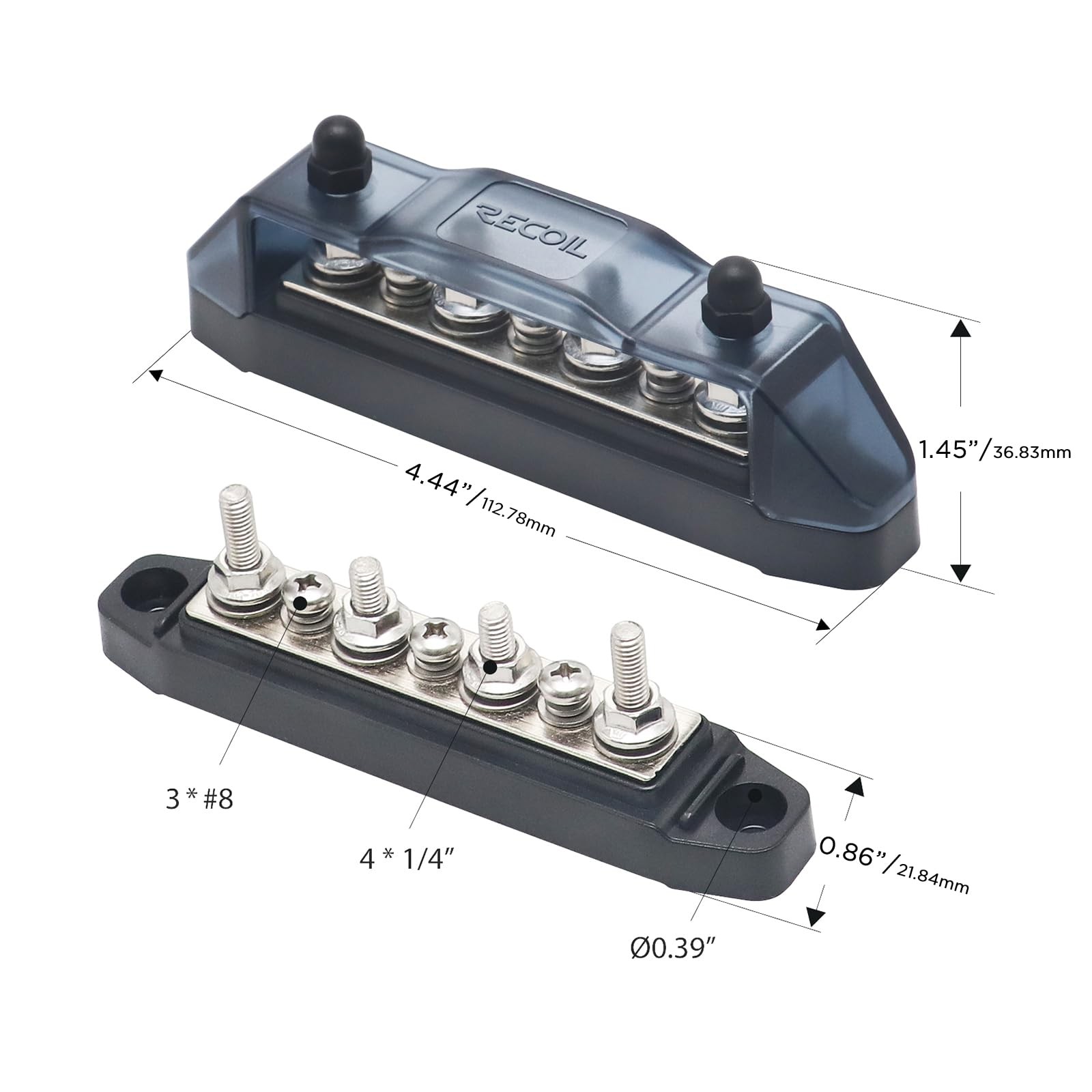 Recoil BBS43-P Bus Bar 4 x M5 Studs 3 Screw Terminals Power Red+Black