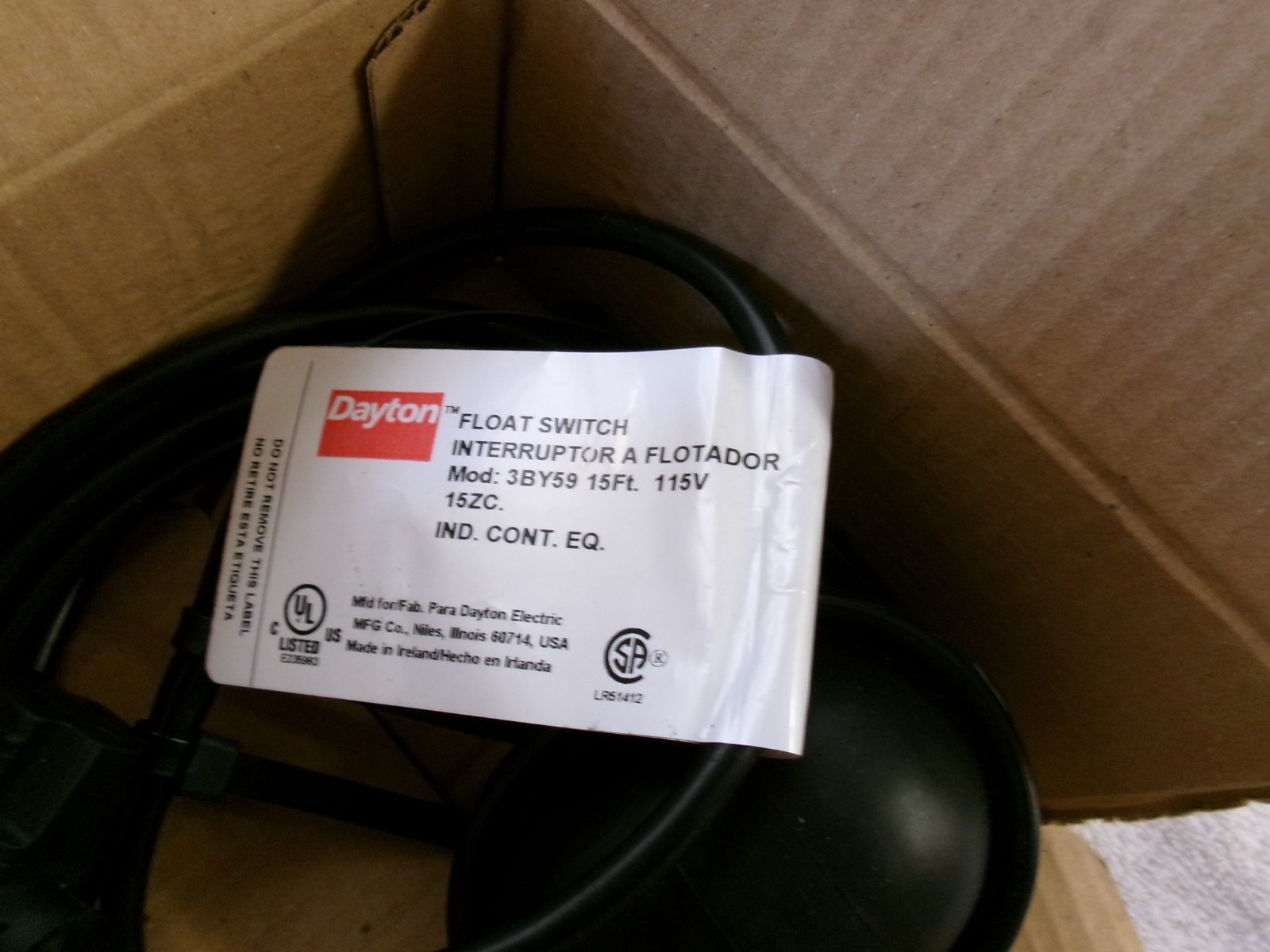 NIB Dayton Float Switch 15ft 115V 3BY59