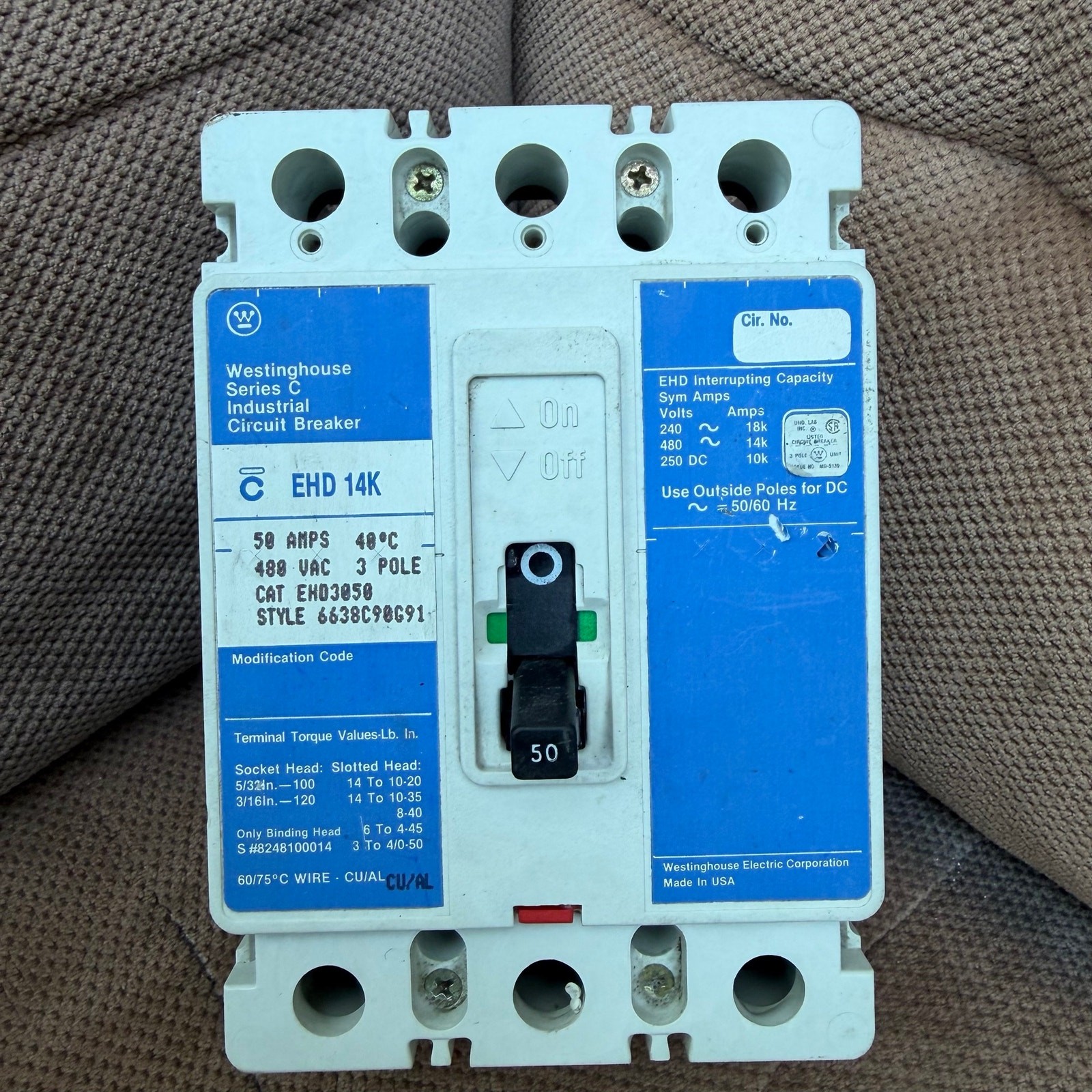 Westinghouse EHD3050 Series C Industrial Circuit Breaker 50A 3 Pole 480VAC