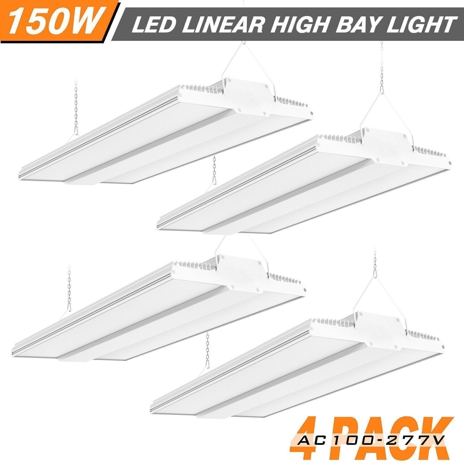 4Pack 150W LED Linear High Bay Light Commercial Warehouse Garage Fixture 22500LM