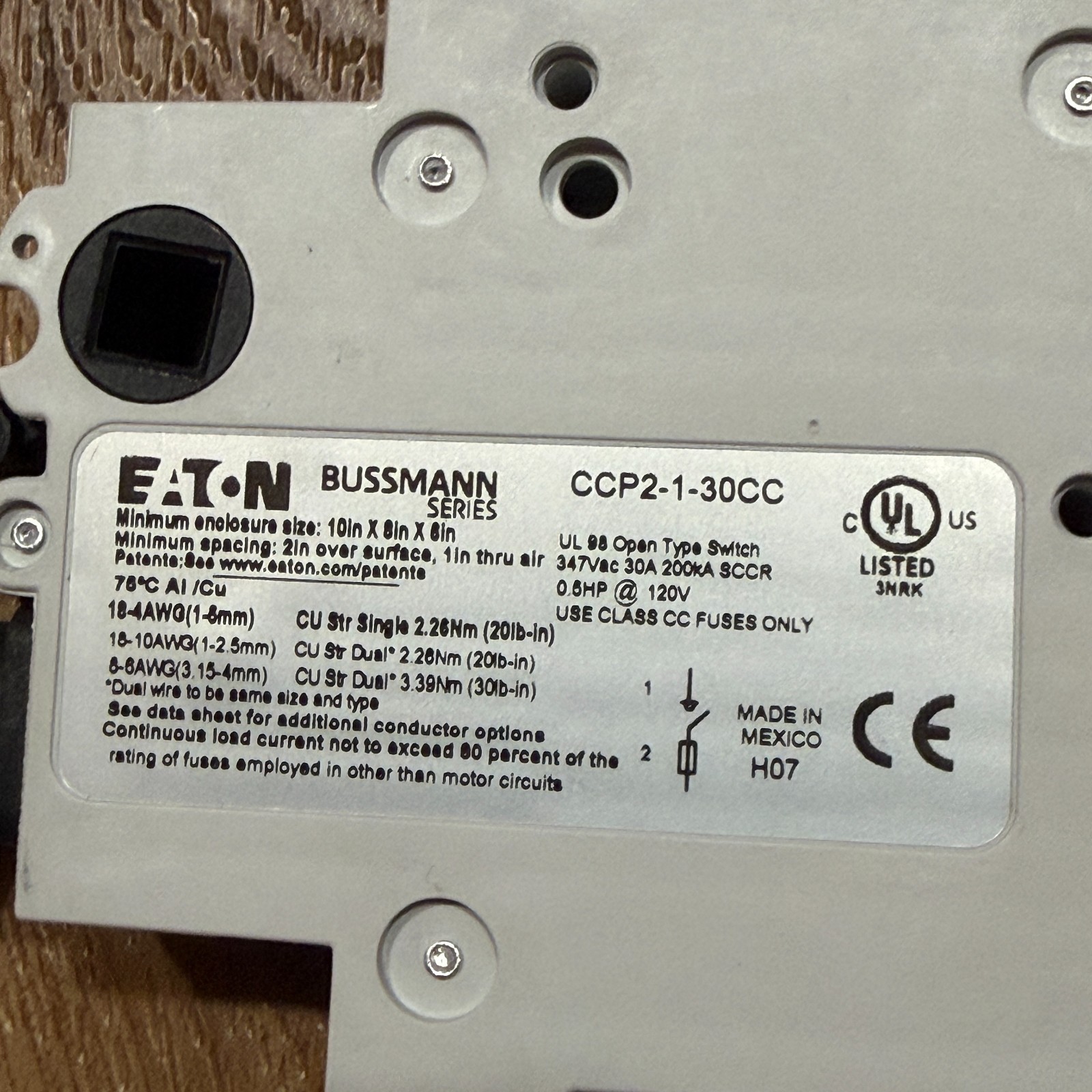 Eaton Bussmann CCP2-1-30CC Fusible Disconnect Quantity (1) Open Type Switch