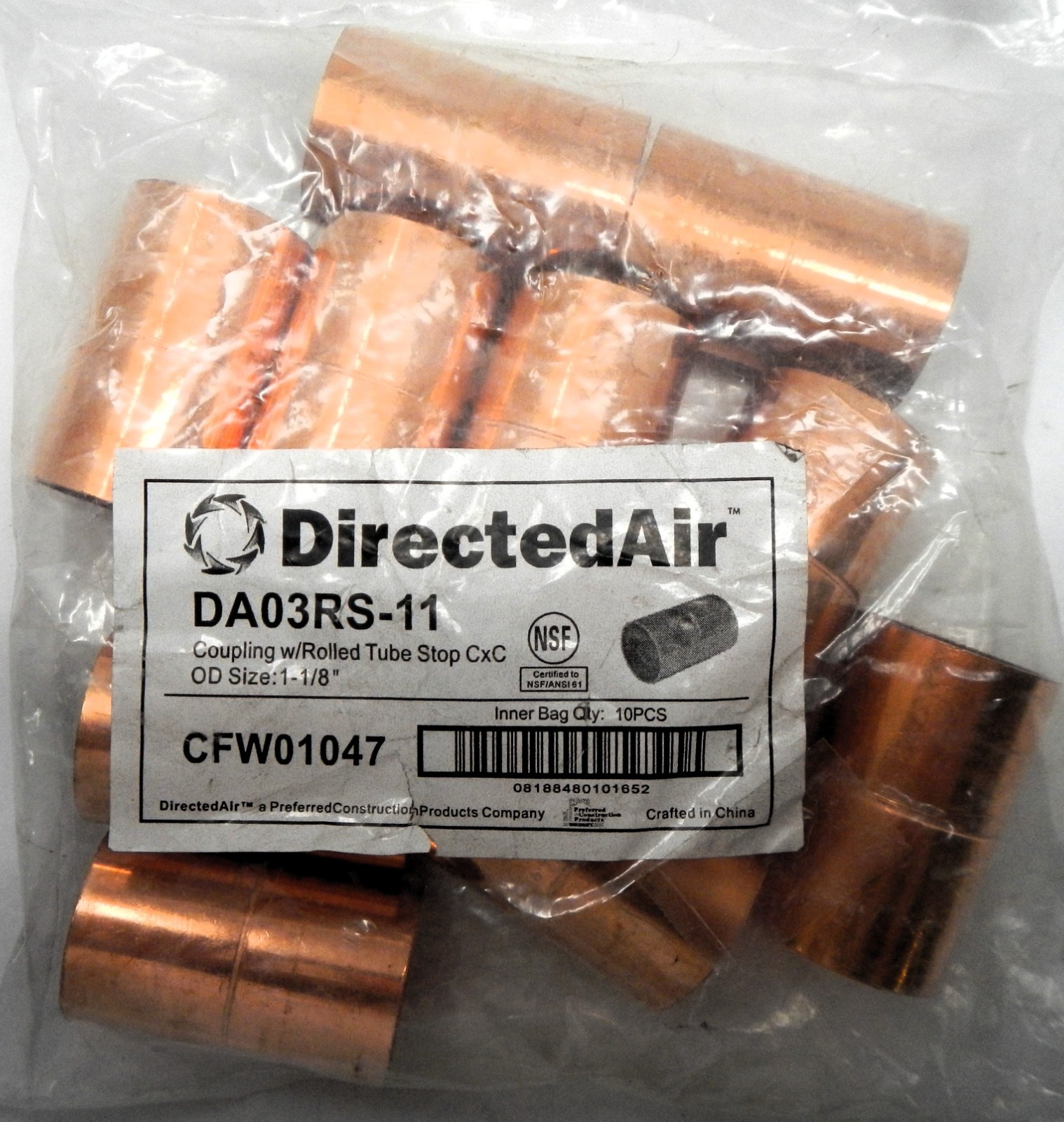 DirectedAir DA03RS-11 Copper Coupling with Rolled Tube Stop CxC 1-18″OD 10pcs