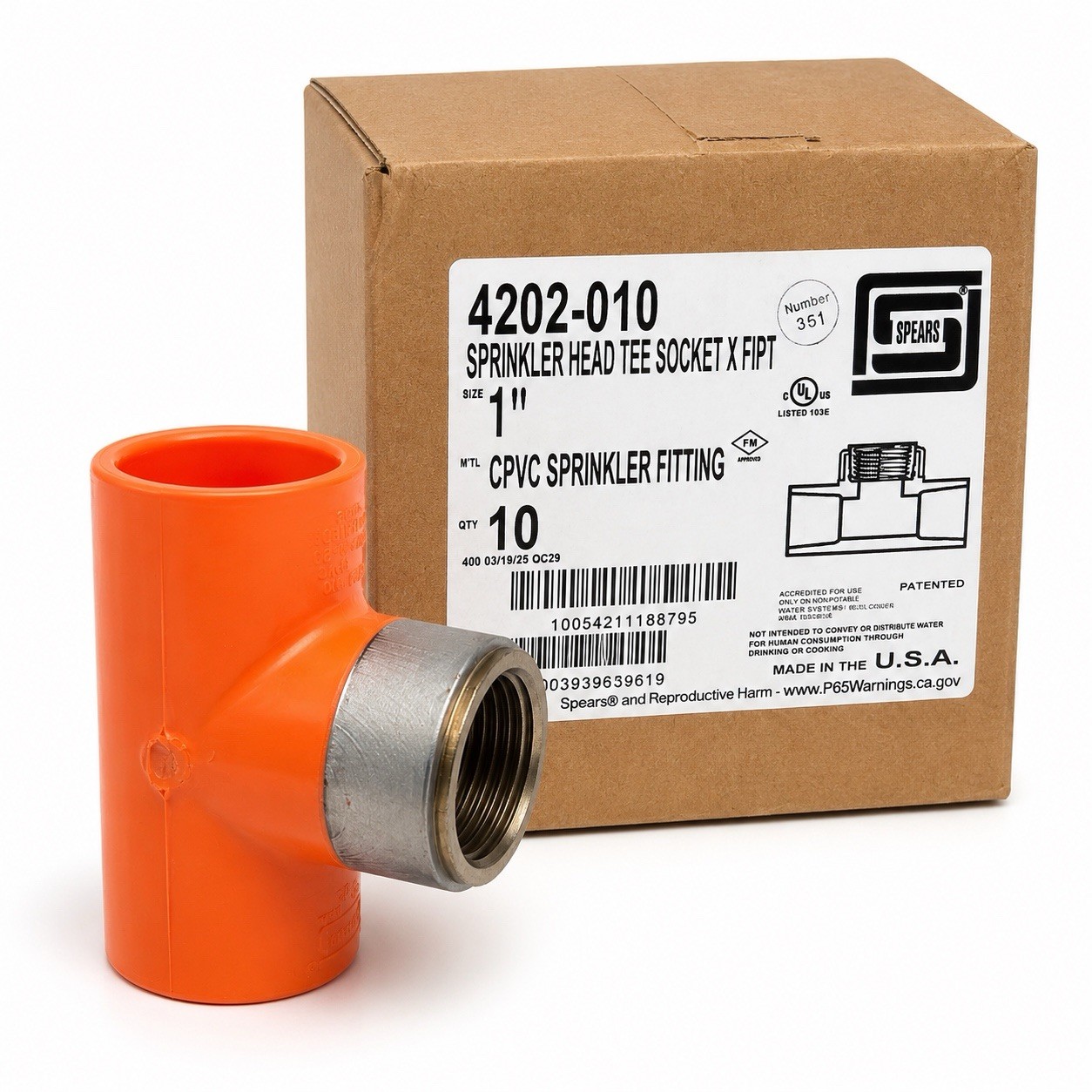 Spears 4202-010 10 CPVC FlameGuard Sprinkler HD Tee Standard