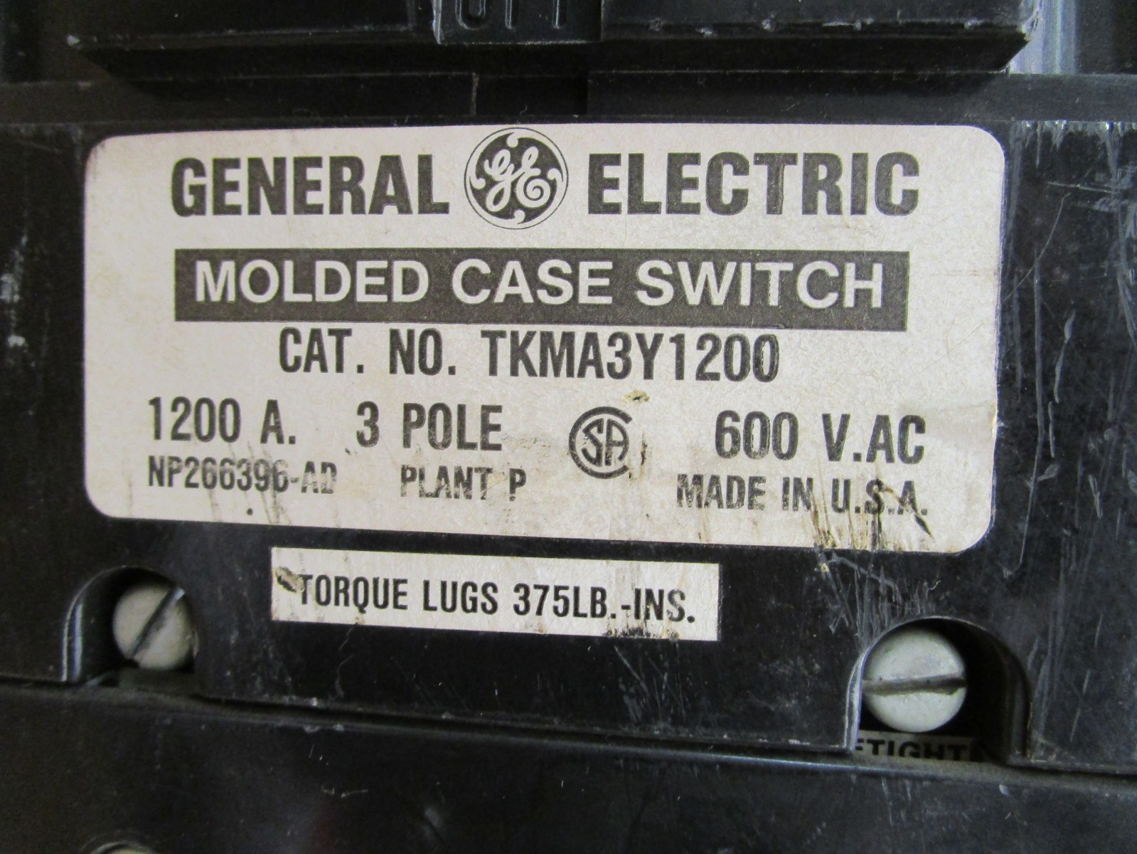 General Electric TKMA3Y1200 1200A 3 Pole 600VAC Molded Case Switch 51596LR