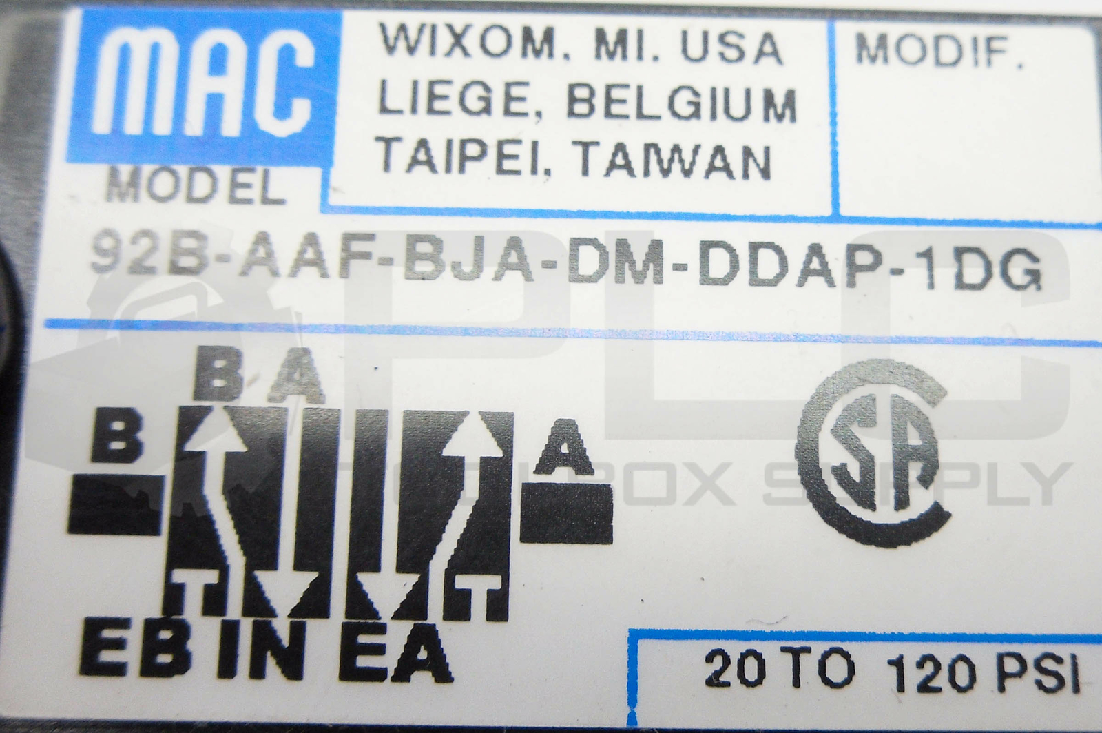 NEW MAC 92B-AAF-BJA-DM-DDAP-1DG SOLENOID VALVE 20 TO 120 PSI W/DMB-DDAP-1DG
