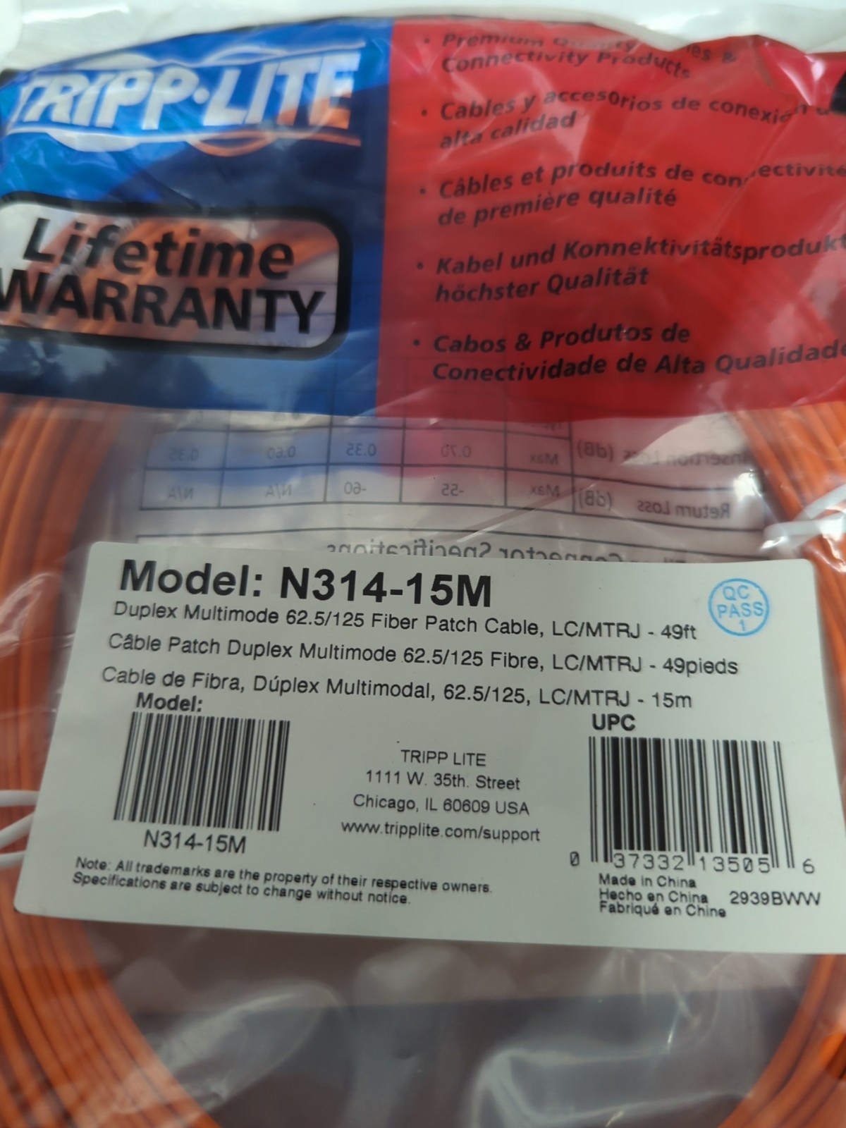 TRPP-LITE,N314-15M,DUPLEX MULTIMODE 62.5/125 FIBER PATCH CABLE LOT OF 2 NOS