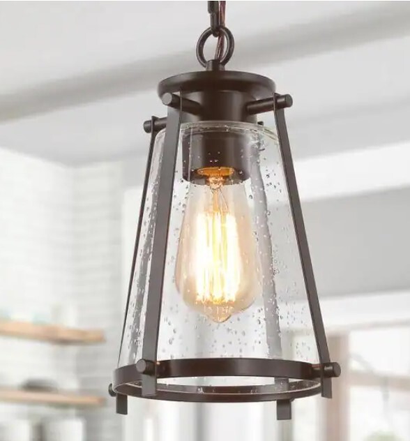 LNC Asaf 1-Light Oil-Rubbed Bronze Mini Lantern Pendant Light with Seeded Glass