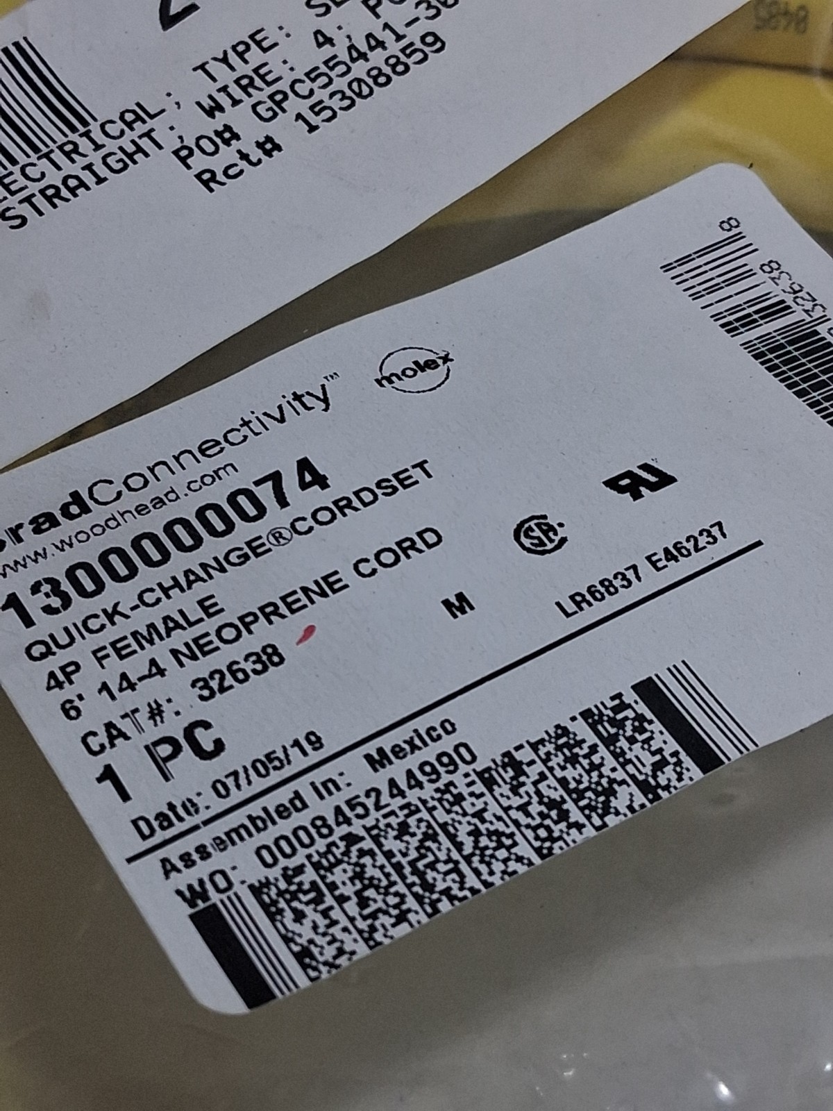 WOODHEAD BRAD CONNECTIVITY 1300000074 CORDSET 4P FEMALE 6′ NEORENE NIB