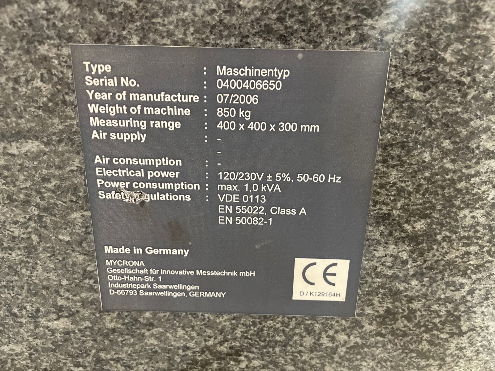 Mycrona Maschinentyp CMM Machine Granite Base, 45-1/2″ x 44-11/16″ x 7″