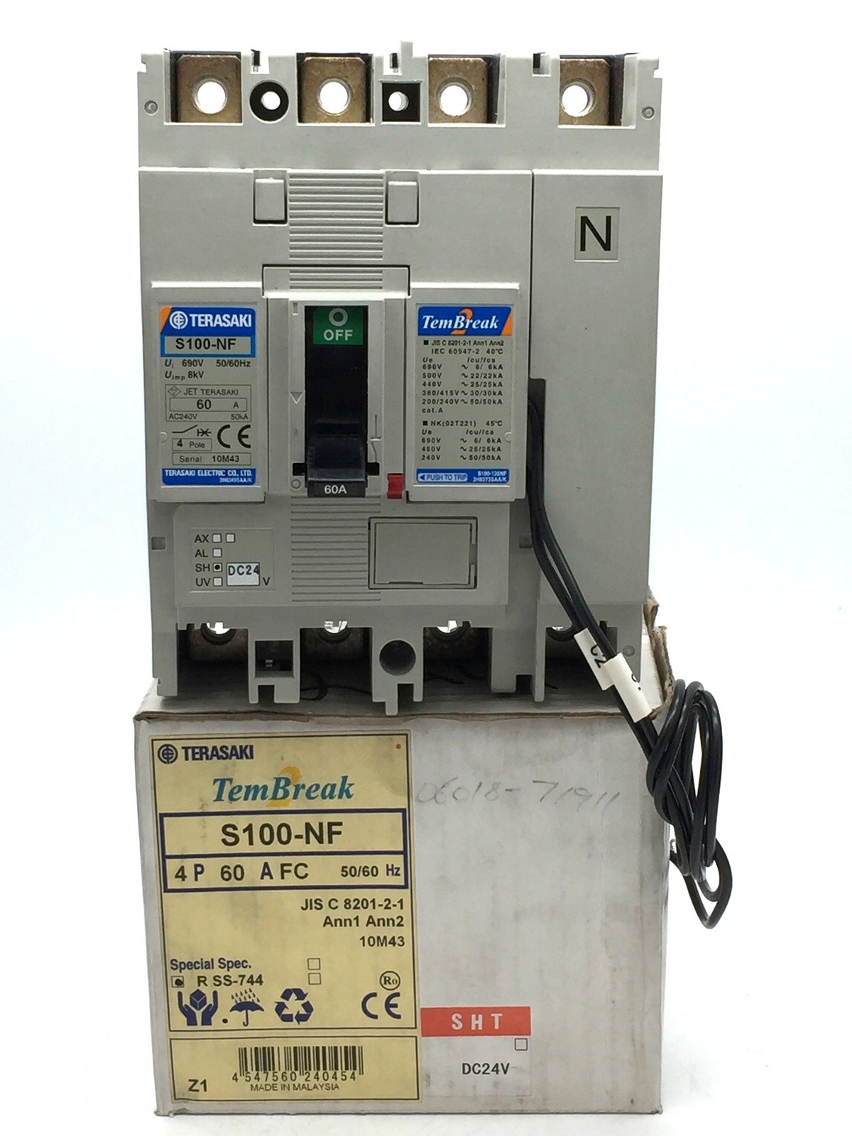 TERASAKI TemBreak S100-NF Circuit Breaker 60A FC 4P 30kA at 415V 24V DC Shunt Tr