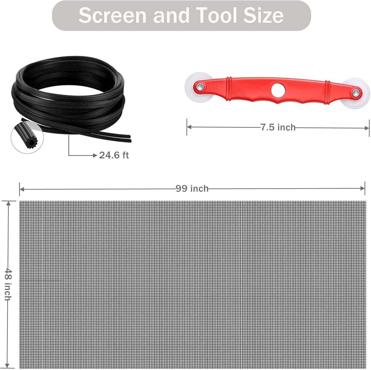 Window Screen Replacement Kit 48” x 99” Fiberglass Screen Mesh W/ Rolling Tool