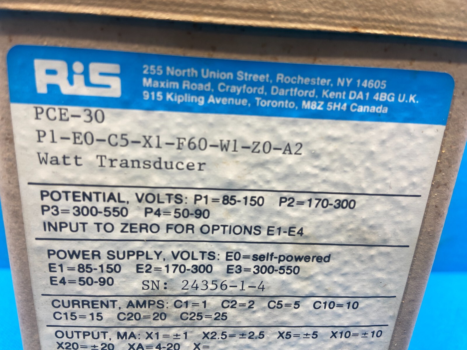 Ris P1-E0-C5-X1-F60-W1-Z0-A2 Watt Transducer