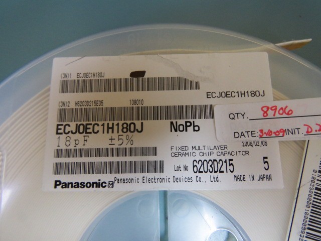 Panasonic ECJ0EC1H180J Qty of 1000 per Lot CAP 18PF 5% 0402 NPO 50V