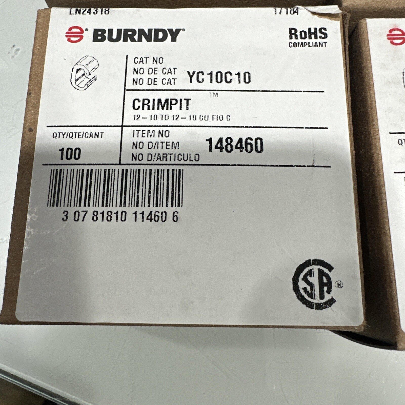 Burndy YC10C10 – 12-10 TO 12-10 CU FIG C (10 Boxes Of 100 EA)