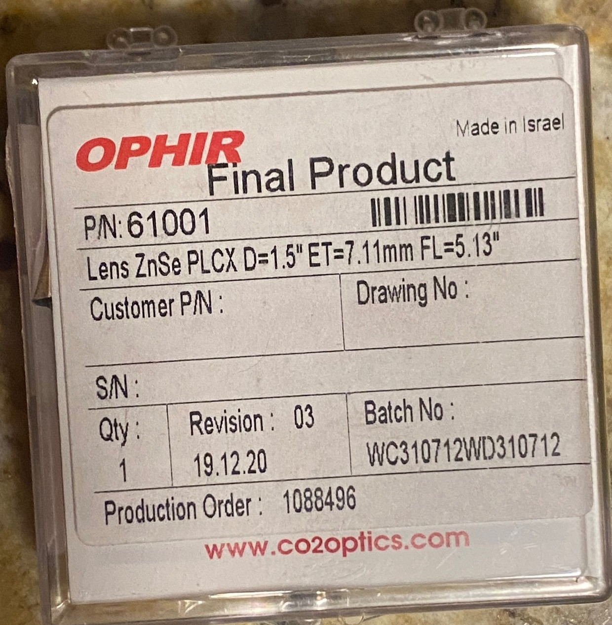 Ophir P/N 6100 Lens ZnSe PLCX D=1.5 ET=7.11 mm FL=5.13