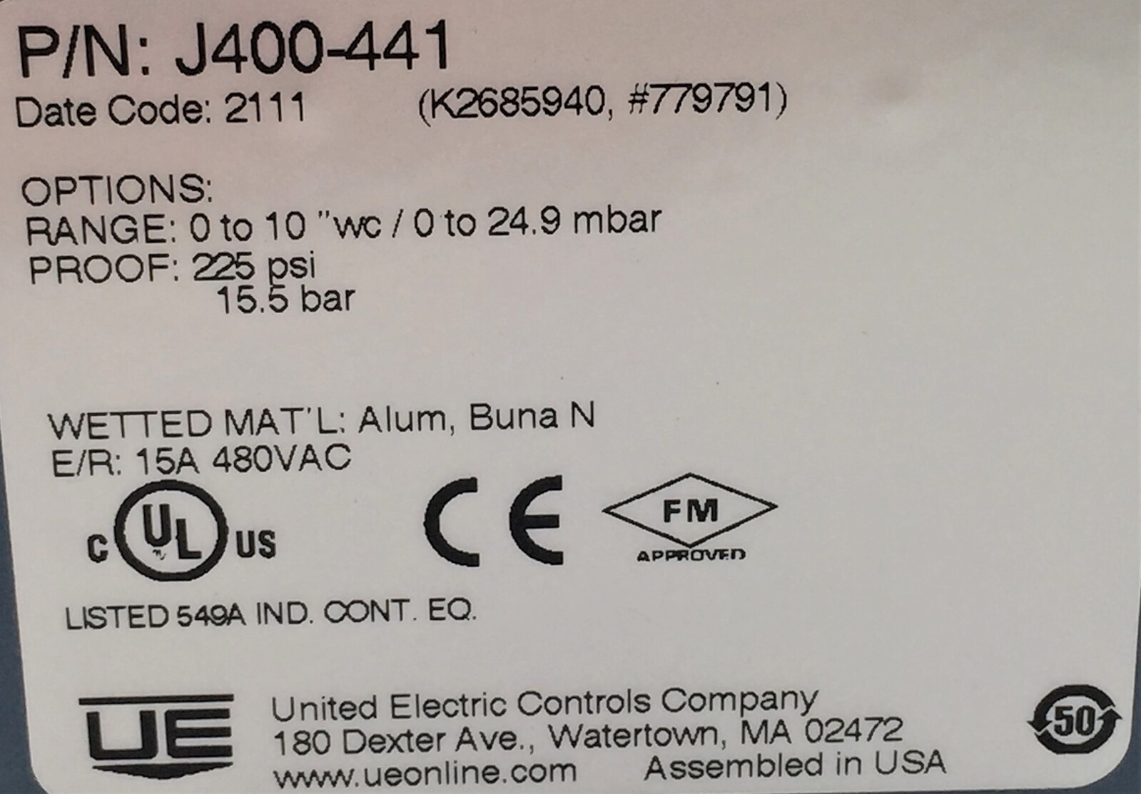 UE United Electric J400-441 Pressure & Differential Switch Range 0 to 10 wc 0 to