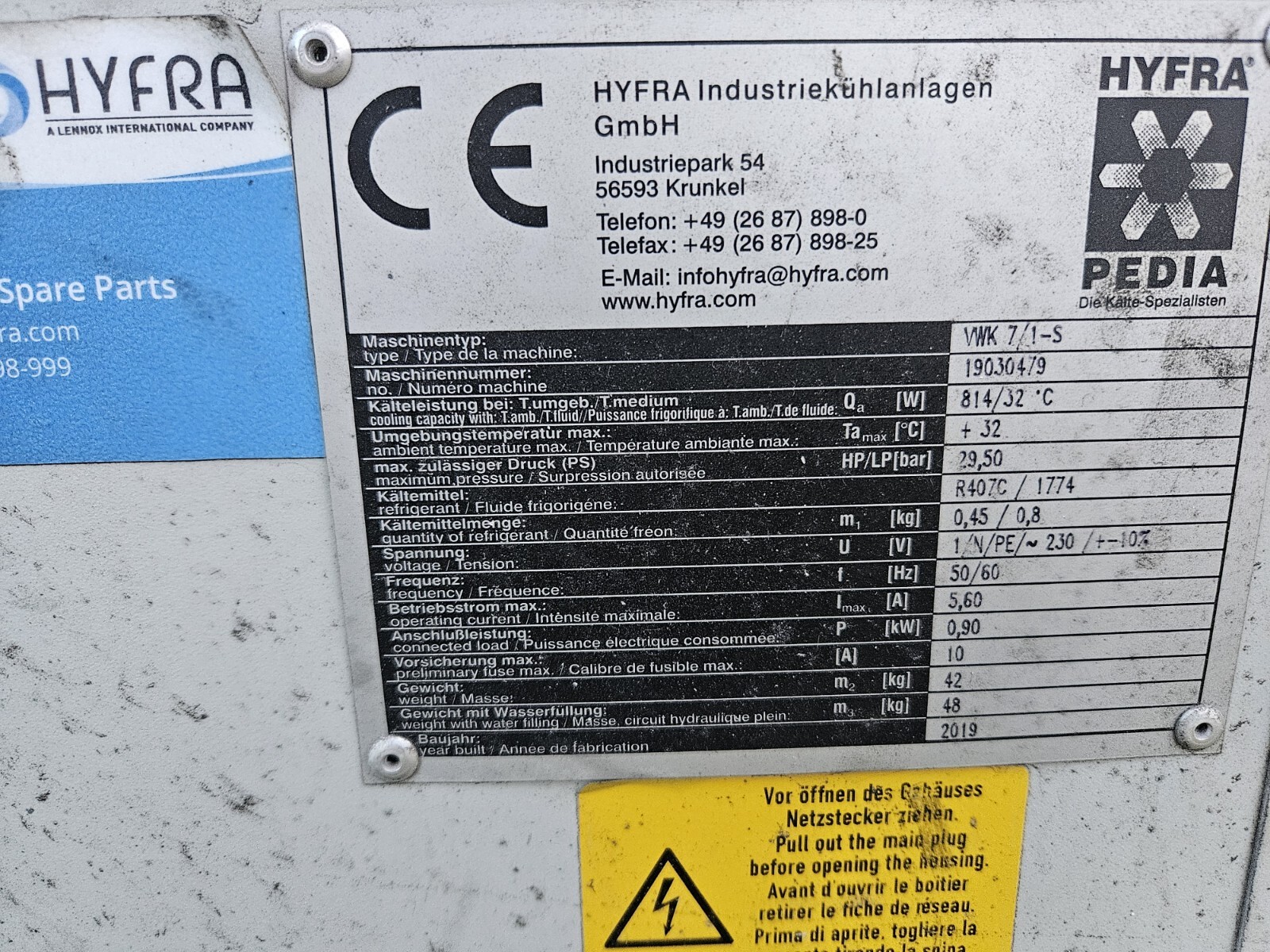 Hyfra Pedia VWK 7-1-S Industrial Water Chiller With Stand