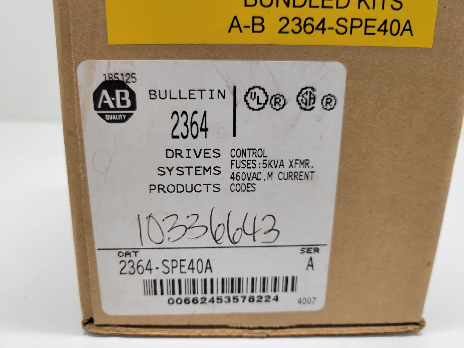 NEW FACTORY SEALED! ALLEN-BRADLEY 5KVA 460VAC CONTROL FUSE SER A 2364-SPE40A
