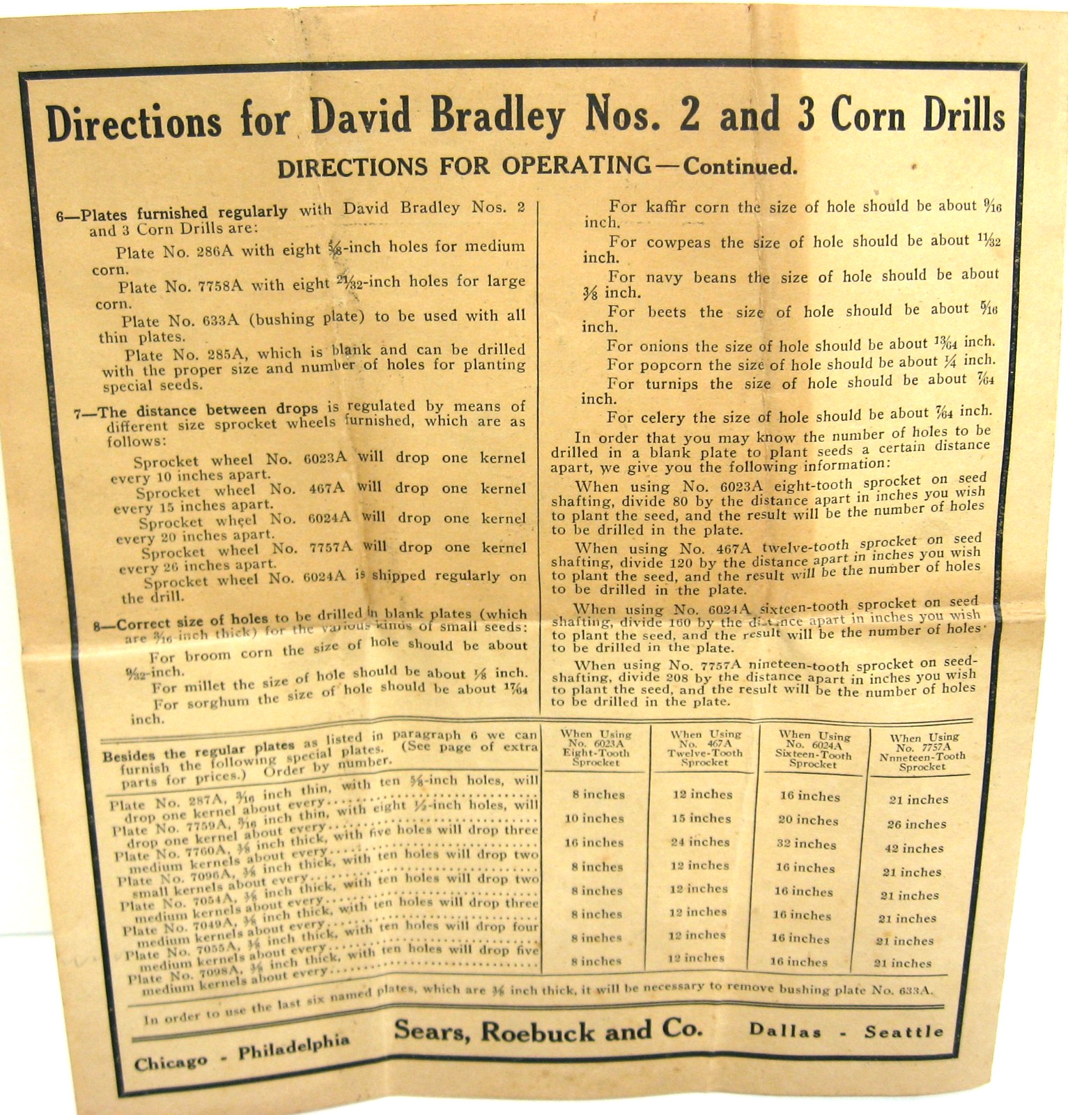 1924 DAVID BRADLEY Nos 2 & 3 Corn Drills Operating Instructions/Parts List SEARS