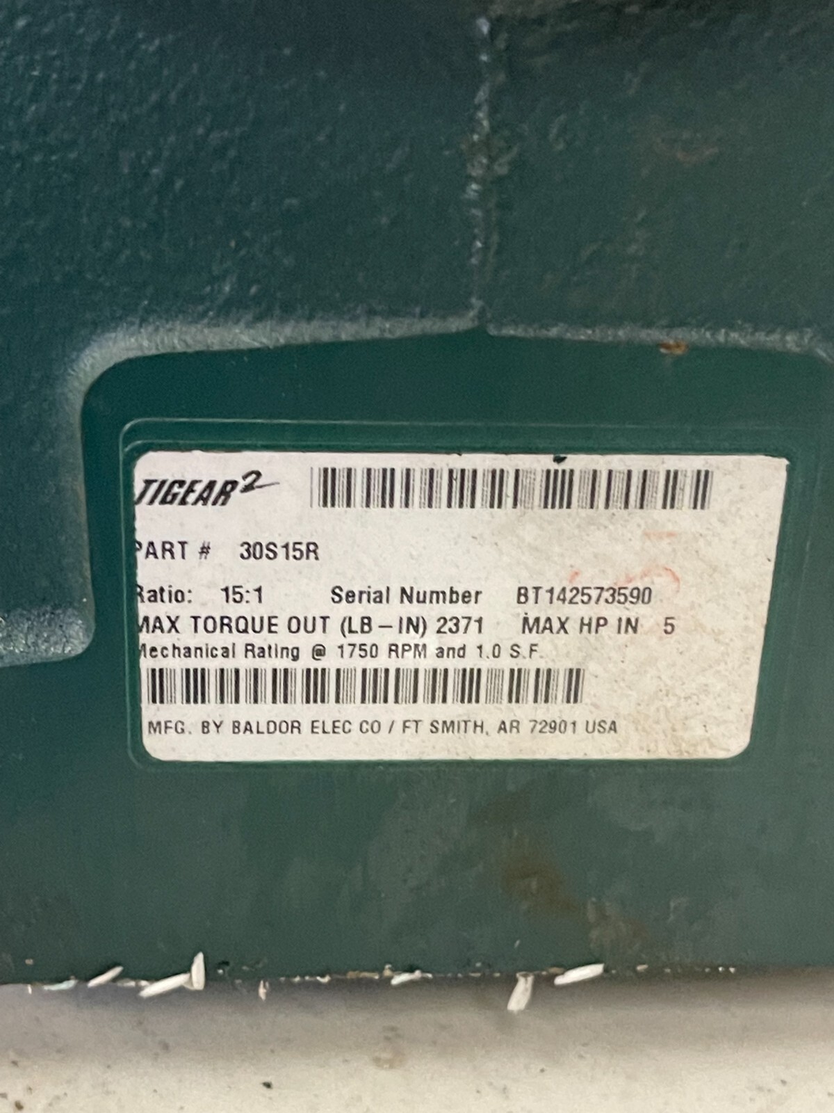 BALDOR RELIANCE SUPER-E MOTOR VEUHM3558T W/TIGEAR 2 GEAR REDUCER 30S15R