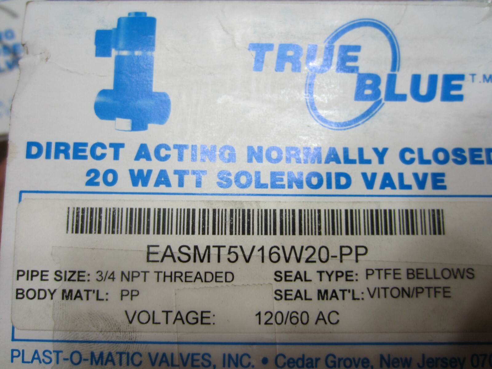 New True Blue Plast-O-Matic EASMT5V16W20-PP Solenoid Valve