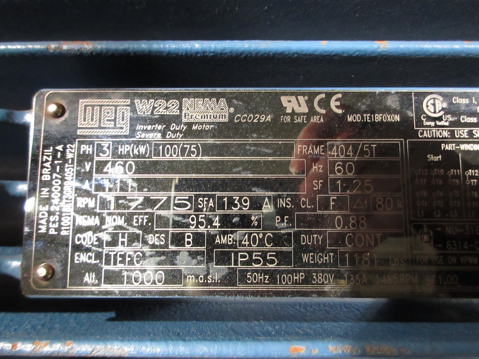 WEG Motor R10018ET3GRB405T-W22 100HP 1800RPM 460V 111A 3Ph 60Hz New Surplus