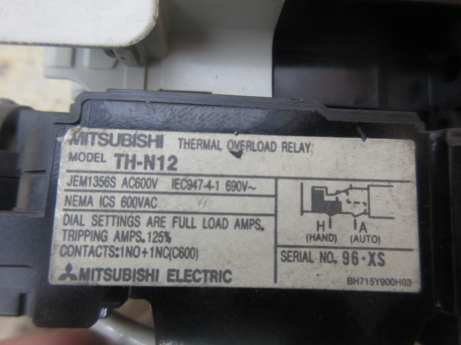 MITSUBISHI MAGNETIC CONTACTOR S-N12 W/ THERMAL OVERLOAD RELAY TH-N12