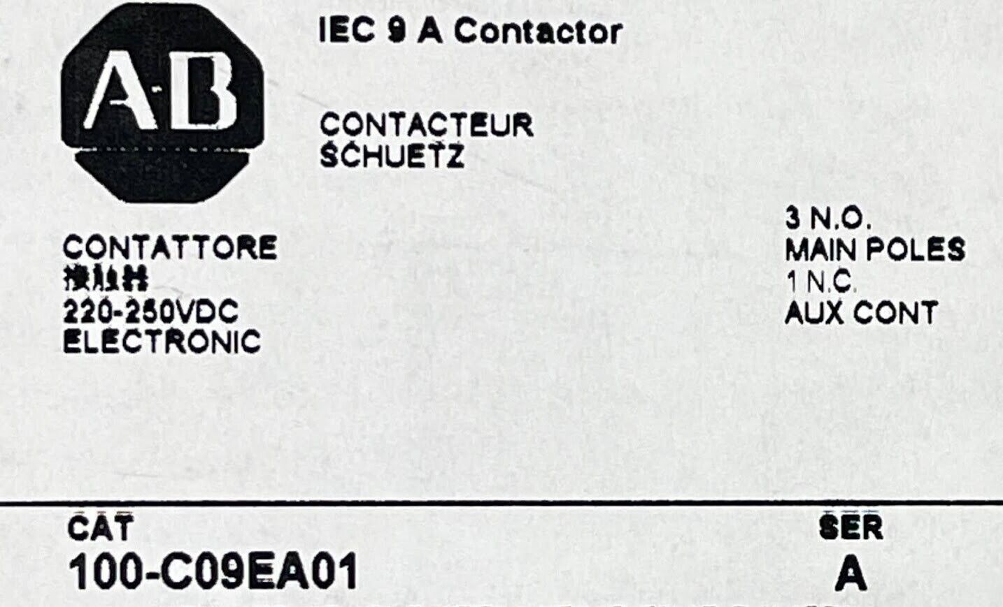Allen Bradley 100-C09EA01 Contactor 220-250VDC Electronic Coil 100-C09E*01